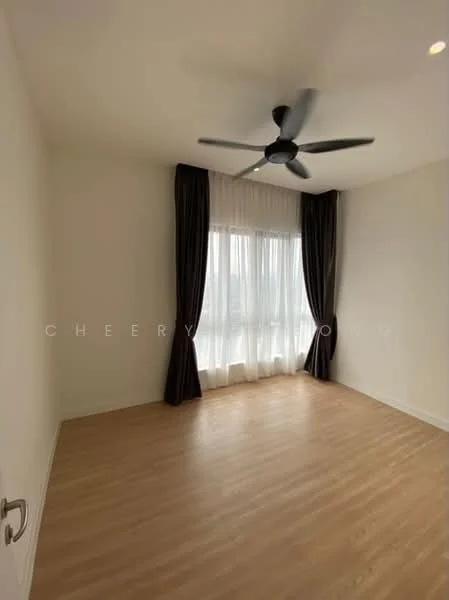 Room features: light wood flooring, white painted walls, floor-to-ceiling windows, sheer curtains, dark curtains, 5-blade ceiling fan, no visible furniture; style: modern.