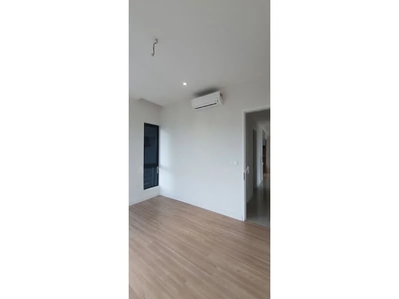 Room features: light wood flooring, white painted walls, 1 wall-mounted split AC, recessed downlights, window with black frame, doorway leading to another room; style: modern.