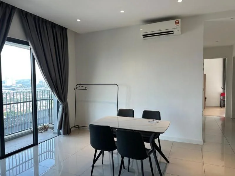 Dining features: 4-seater dining table, black dining chairs, floor-to-ceiling windows, grey curtains, white painted walls, recessed downlights, wall-mounted split AC, glossy tile flooring; style: modern; view: city. Room features: open layout, doorway leading to another room.