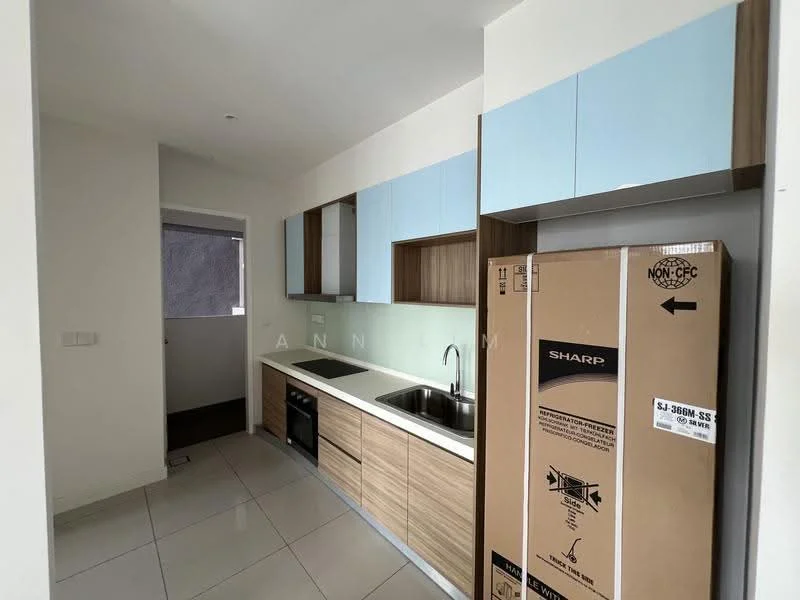 Kitchen features: light blue upper cabinets, wooden lower cabinets, stainless-steel single-bowl sink, chrome pull-down faucet, black countertop, built-in oven, fridge with packaging, ceramic tile flooring, white painted walls, window with natural light, modern cabinetry design; style: modern.