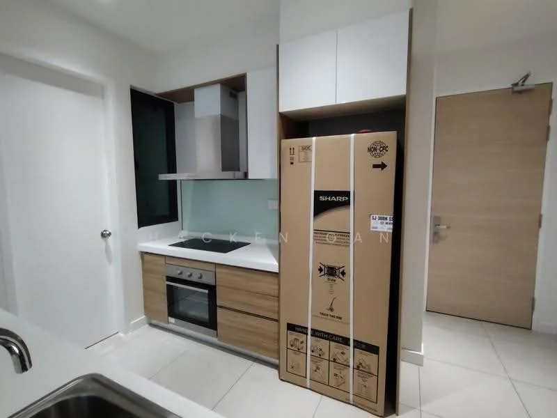 Kitchen features: white cabinetry, wooden lower cabinets, stainless-steel oven, built-in stove, glass backsplash, single-bowl stainless-steel sink, chrome pull-down faucet, countertop with overhang, tile flooring, refrigerator in box, window above sink, light-colored walls, modern design; style: modern.