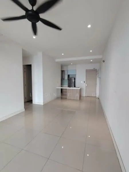 Living features: white painted walls, polished ceramic tile flooring, 5-blade ceiling fan with light, recessed downlights, open kitchen layout, kitchen island, stainless-steel fridge, built-in cabinets, sliding door, neutral color palette; style: modern.