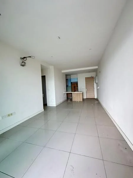 Room features: white painted walls, grey tile flooring, recessed downlights, open layout, kitchen area visible in background, single door, large windows, no visible furniture; style: modern.