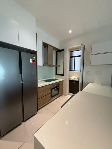 Kitchen features: stainless-steel fridge, built-in oven, ceramic cooktop, white cabinetry with wood accents, white quartz countertop, glass backsplash, single-bowl stainless-steel sink, chrome pull-down faucet, under-cabinet lighting, tile flooring, window with black frame, open shelving; style: modern.