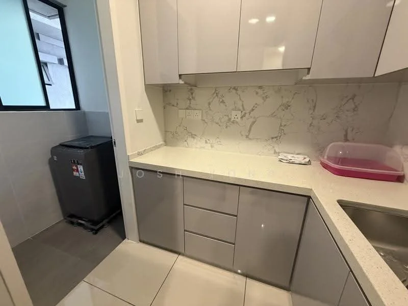 Kitchen features: grey flat-panel cabinets, white quartz countertop, marble backsplash, stainless-steel sink, single-bowl stainless-steel sink, chrome pull-down faucet, built-in oven, refrigerator, tile flooring, window with view, under-cabinet lighting; style: modern. Laundry features: washing machine, tile flooring.
