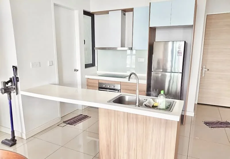 Kitchen features: white cabinetry, wooden lower cabinets, stainless-steel fridge, built-in oven, 4-burner gas hob, single-bowl stainless-steel sink, chrome pull-down faucet, white countertop, tile backsplash, pendant lighting, open layout, window for natural light; style: modern.