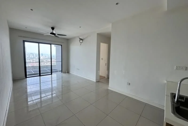 Living features: white painted walls, glossy ceramic tile flooring, 5-blade ceiling fan with light, floor-to-ceiling windows, sliding glass door, city view, open layout, natural light; style: modern; view: city. Kitchen features: single-bowl stainless-steel sink, chrome pull-down faucet, white cabinetry, countertop, kitchenette; style: modern.
