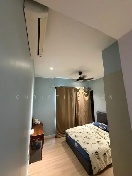 Bedroom features: light blue painted walls, laminate flooring, ceiling fan, wall-mounted split AC, queen-size bed with patterned bedding, wooden bedside table, curtains, decorative wall art; style: modern.