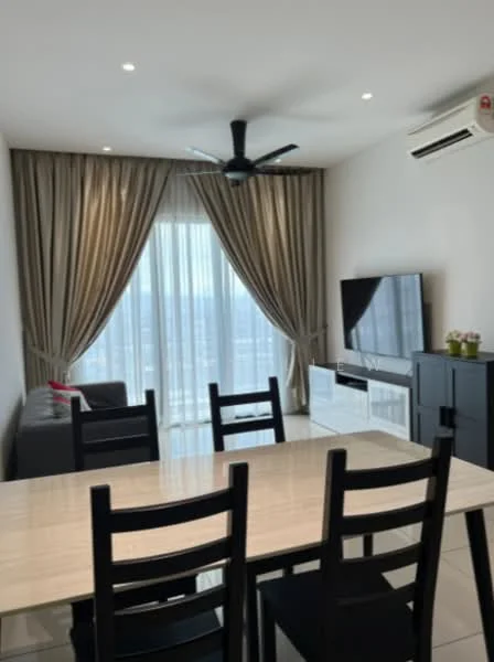 Living features: 5-blade ceiling fan with light, wall-mounted TV, black TV console, grey fabric sofa, dining table with beige tabletop, black dining chairs, floor-to-ceiling windows, sheer curtains, air conditioning unit, tile flooring, decorative plant on console; style: modern; view: city.