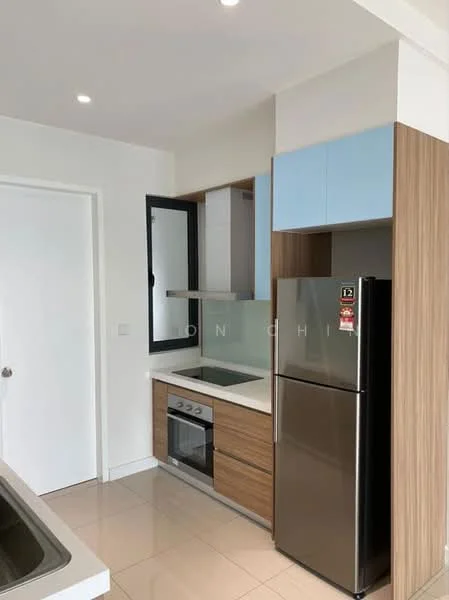 Kitchen features: stainless-steel fridge, built-in oven, 4-burner gas hob, stainless-steel range hood, laminate countertop, wood cabinetry with blue upper cabinets, single-bowl stainless-steel sink, tile flooring, wall-mounted window, recessed downlights; style: modern.