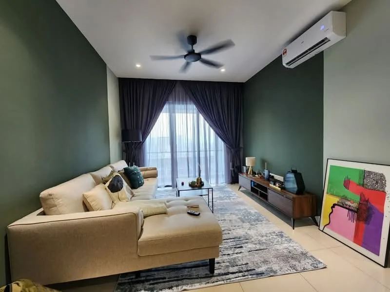 Living features: 3-seater fabric sofa in beige, ceiling fan with light, wall-mounted split AC, TV console, wall-mounted TV, area rug with abstract pattern, decorative artwork, floor-to-ceiling windows with sheer curtains, light grey tiled flooring, dark wood side table, green painted walls, recessed downlights; style: modern.