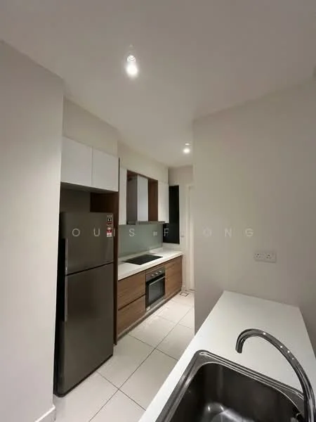 Kitchen features: stainless-steel fridge, built-in oven, ceramic tile flooring, white painted walls, white cabinetry, wooden lower cabinets, single-bowl stainless-steel sink, chrome pull-down faucet, recessed LED downlights, countertop with overhang, kitchen island, black appliances, open layout; style: modern.