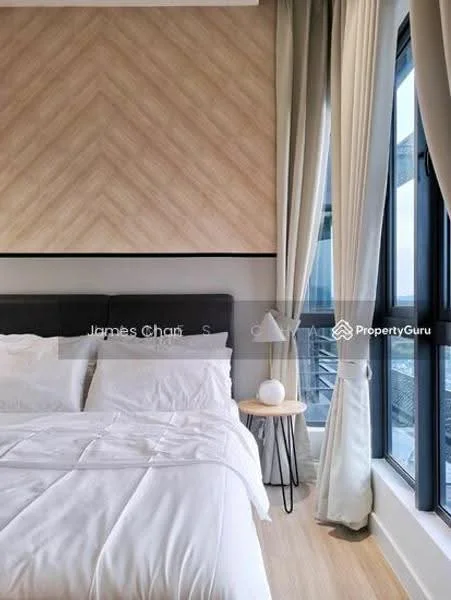 Bedroom features: king-size bed with white bedding, upholstered headboard, chevron patterned accent wall, floor-to-ceiling windows, sheer curtains, decorative bedside lamp, wooden flooring, wall-mounted artwork; style: modern; view: city.