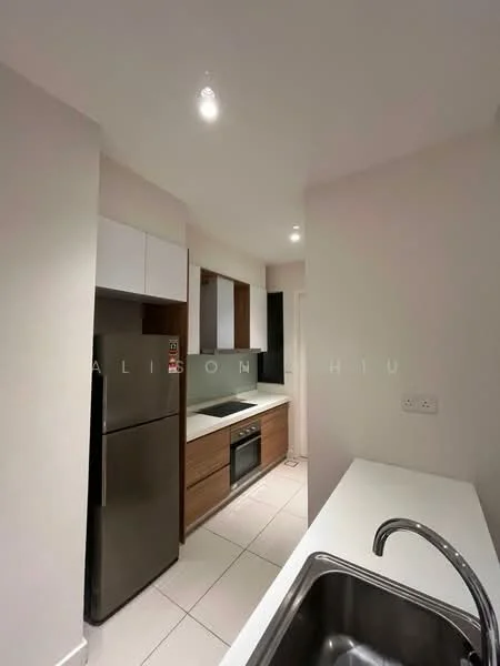 Kitchen features: stainless-steel fridge, built-in oven, 4-burner gas hob, single-bowl stainless-steel sink, chrome pull-down faucet, white upper cabinets, wood lower cabinets, white tiled backsplash, white tiled flooring, recessed downlights, countertop with overhang; style: modern.
