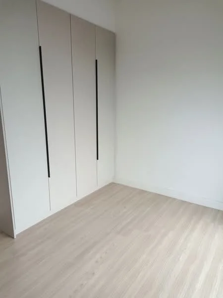Room features: light wood flooring, white painted walls, built-in wardrobe with sliding doors, minimalist design, no visible decor; style: minimalist.