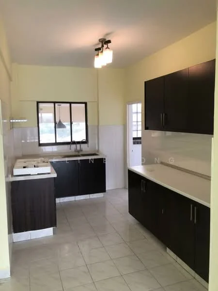 Kitchen features: white tiled walls, cream painted walls, light-colored countertop, dark wood cabinetry, single-bowl stainless-steel sink, chrome pull-down faucet, built-in gas stove, window above sink, recessed ceiling lights, tile flooring, open layout, door leading to hallway; style: modern.