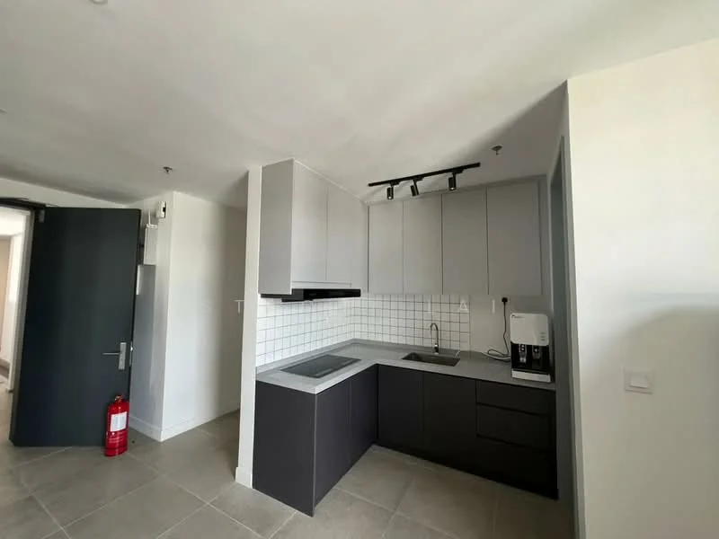 Kitchen features: grey cabinetry, white tiled backsplash, stainless-steel sink, chrome pull-down faucet, built-in oven, stainless-steel coffee machine, countertop with integrated cooktop, open shelving, fire extinguisher, recessed LED downlights, tile flooring; style: modern.
