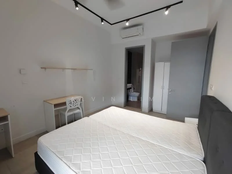 Bedroom features: king-size bed, upholstered headboard, 2 bedside tables, desk with chair, built-in wardrobe, wall-mounted air conditioning unit, recessed downlights, neutral wall colour, tile flooring, sliding door to bathroom, window with natural light; style: modern.