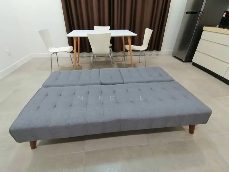 Living features: grey fabric sofa bed, wooden legs on sofa, white dining table, 4 dining chairs in white, stainless-steel fridge, light-colored cabinetry, cream tiled flooring, brown curtains; style: modern.