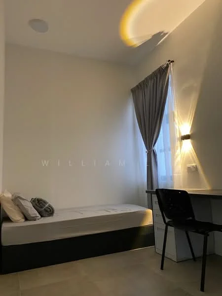 Bedroom features: single bed, grey bedding, white walls, curtains, desk with chair, wall-mounted light fixture, tile flooring, window with natural light; style: modern.