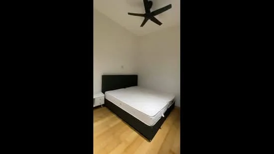 Bedroom features: queen-size bed, wooden flooring, white painted walls, 5-blade ceiling fan, nightstand, minimalist decor; style: modern.
