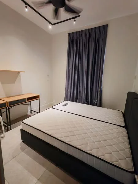 Bedroom features: queen-size bed, upholstered headboard, 2 bedside lamps, study desk, white walls, grey curtains, ceiling fan with light, tile flooring; style: modern.