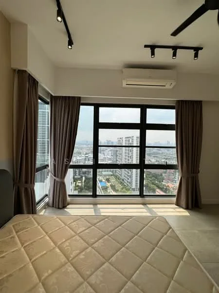 Bedroom features: floor-to-ceiling windows, city view, curtains, 5-blade ceiling fan, wall-mounted split AC, light-colored walls, neutral flooring, queen-size bed, decorative headboard; style: modern; view: city.