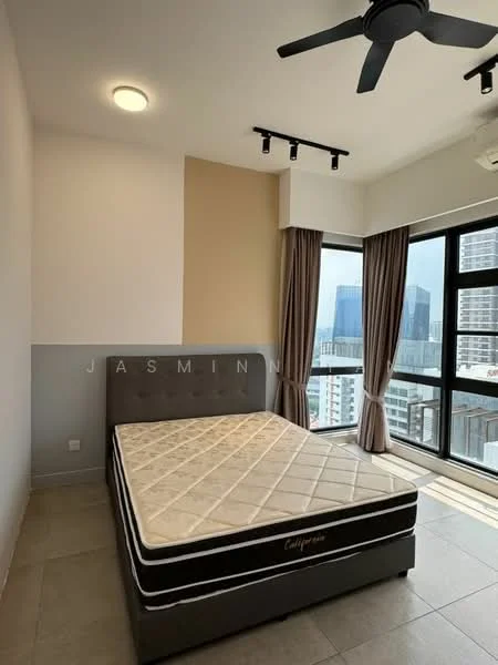 Bedroom features: queen-size bed, grey upholstered bed frame, floor-to-ceiling windows, city view, light grey walls, cream ceiling, recessed downlights, black ceiling fan, curtains, tile flooring; style: modern; view: city.