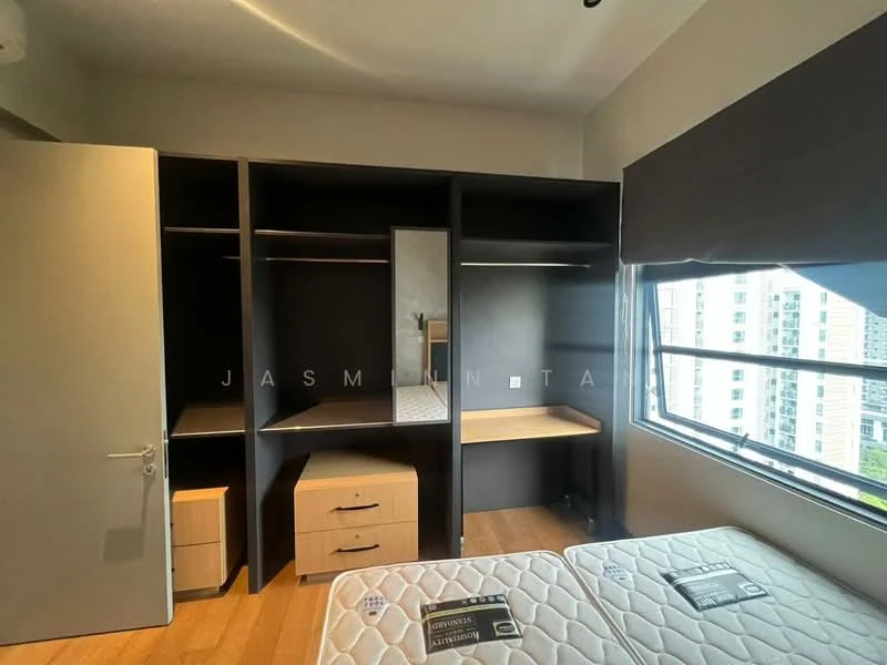 Bedroom features: built-in wardrobe with dark wood finish, desk area with shelving, large window with city view, wooden flooring, queen-size bed, two-drawer nightstand, neutral wall color, recessed lighting; style: modern; view: city.