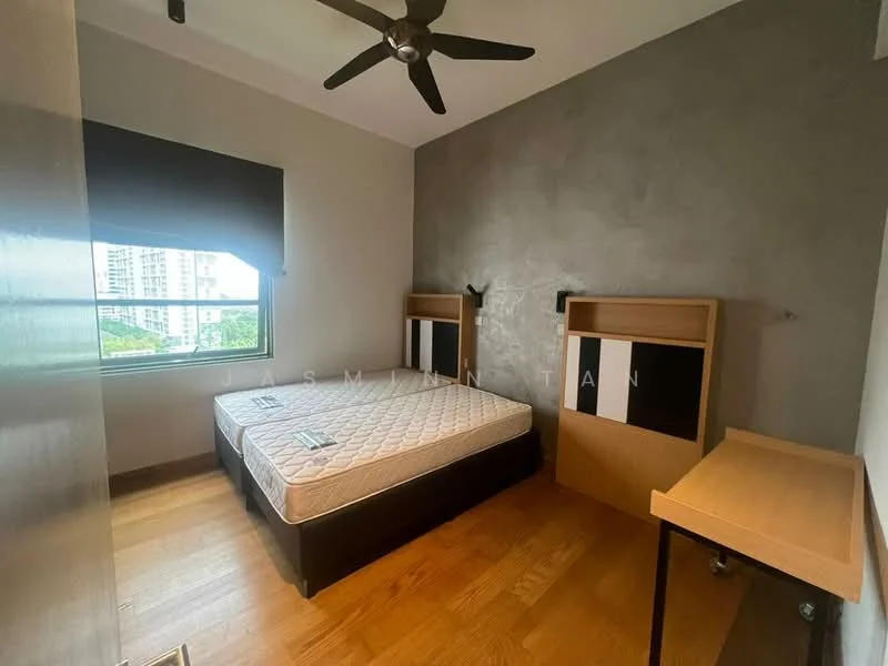 Bedroom features: queen-size bed base, wooden flooring, grey accent wall, window with city view, roller blinds, ceiling fan, built-in headboard, side tables, study desk; style: modern; view: city.