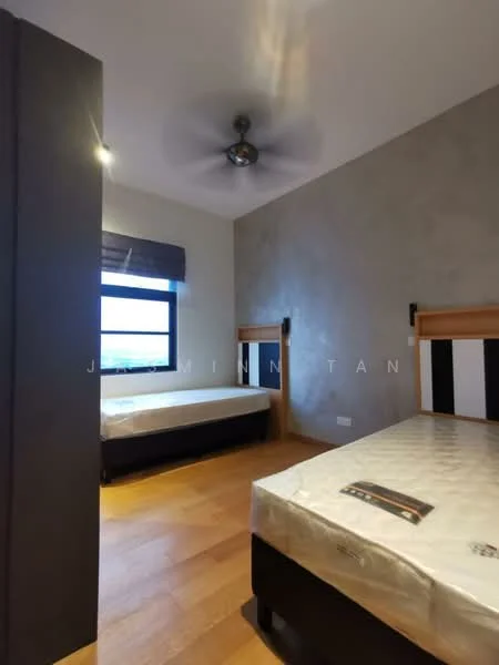 Bedroom features: two single beds, wooden bed frames, ceiling fan, grey accent wall, wooden flooring, window with roller blinds, nightstand with wall-mounted light fixtures; style: modern; view: city.