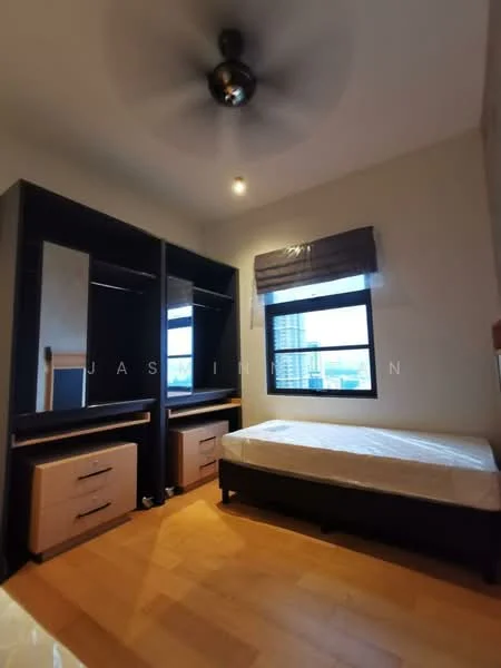 Bedroom features: wooden flooring, light grey painted walls, ceiling fan, built-in wardrobe with sliding doors, two bedside drawers, window with city view, unmade bed with mattress; style: modern; view: city.