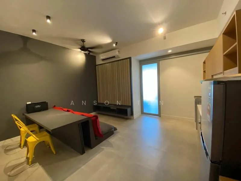 Living features: grey accent wall, light grey tiled flooring, 5-blade ceiling fan, recessed downlights, floor-to-ceiling windows, sliding glass door, dining table with grey surface, yellow plastic chairs, built-in cabinetry, stainless-steel fridge, sofa with red throw blanket; style: modern.