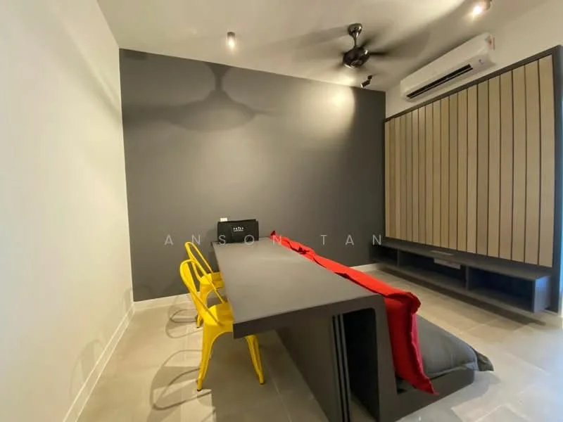 Room features: grey accent wall, white painted walls, tile flooring, 5-blade ceiling fan, wall-mounted split AC, built-in cabinetry with wood paneling, long rectangular dining table, yellow plastic chairs, red throw blanket; style: modern.
