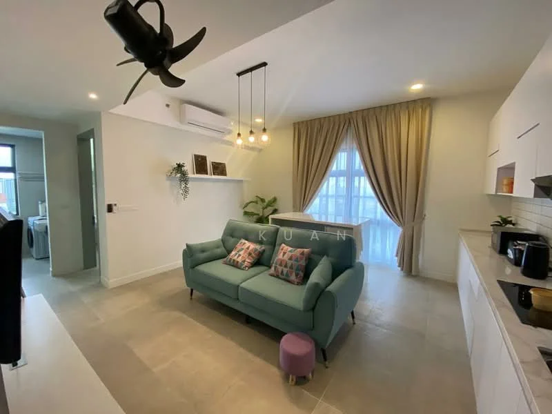 Living features: 3-seater fabric sofa in teal, decorative cushions, pendant lighting with three bulbs, wall-mounted shelf, floor-to-ceiling windows, sheer curtains, light grey walls, tile flooring, ceiling fan, wall-mounted air conditioning unit; style: modern. Kitchen features: white cabinetry, stainless-steel appliances, countertop with integrated sink, open layout to living area; style: modern. Room features: laundry area visible in background.