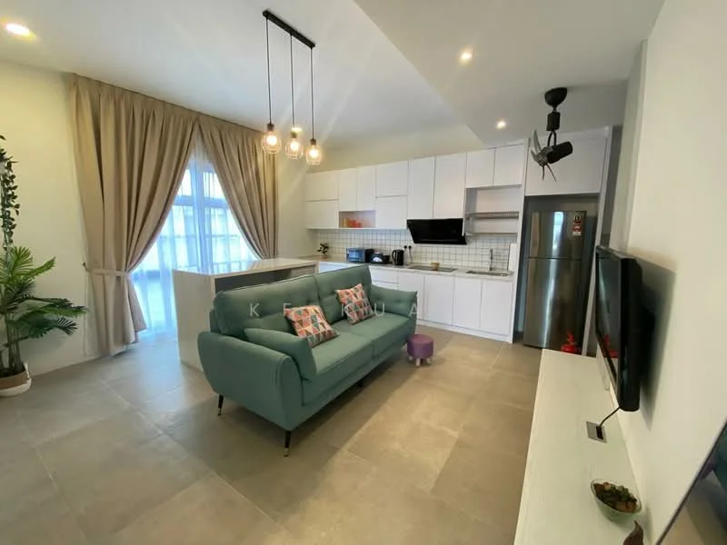 Living features: light grey tiled flooring, white painted walls, sofa in teal, decorative cushions, purple ottoman, wall-mounted TV, TV console, recessed ceiling lights, pendant lighting, floor-to-ceiling windows with sheer curtains, indoor plant, kitchenette with white cabinetry, stainless-steel fridge, black countertop, white backsplash tiles; style: modern.