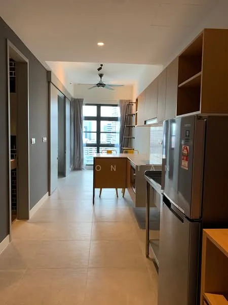 Kitchen features: grey painted walls, light grey tile flooring, wood cabinetry, stainless-steel fridge, stainless-steel sink, chrome pull-down faucet, kitchen island, pendant light, 5-blade ceiling fan, open layout, window with city view, bar stools; style: modern; view: city. Room features: light grey tile flooring, grey painted walls, 5-blade ceiling fan, large window, open layout.