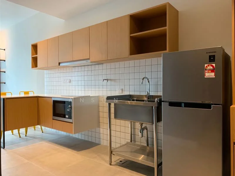 Kitchen features: wood cabinetry in light finish, white tiled backsplash, stainless-steel single-bowl sink, chrome pull-down faucet, built-in microwave, stainless-steel fridge, countertop with overhang for seating, open shelving, grey tile flooring, under-cabinet lighting; style: modern.
