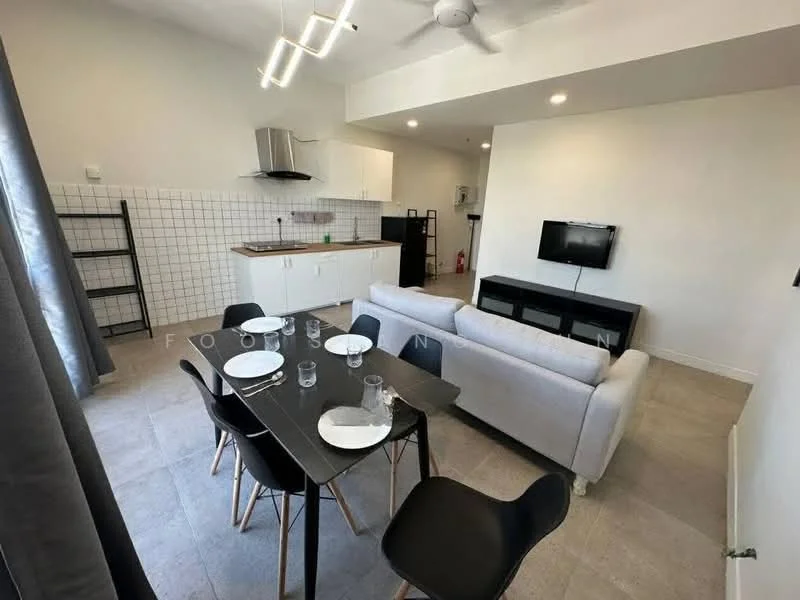 Living features: grey tiled flooring, white painted walls, ceiling fan, 3-blade ceiling fan, sofa in light grey, black dining table, 4 black dining chairs, wall-mounted TV, kitchen countertop with white cabinets, stainless-steel range hood, open shelving unit, recessed lighting, large window with grey curtains; style: modern.