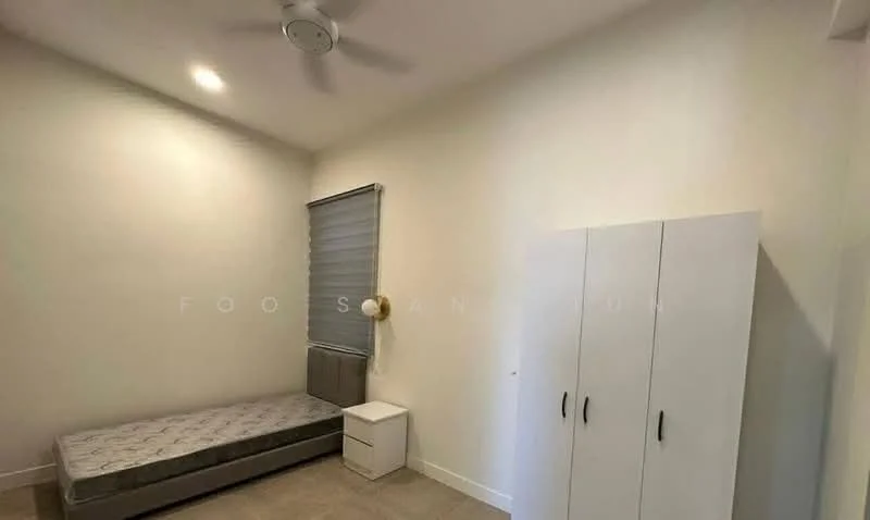 Bedroom features: single bed frame without mattress, white painted walls, ceiling fan, window with roller blinds, light-colored tiled flooring, white wardrobe with two doors, small bedside table; style: modern.
