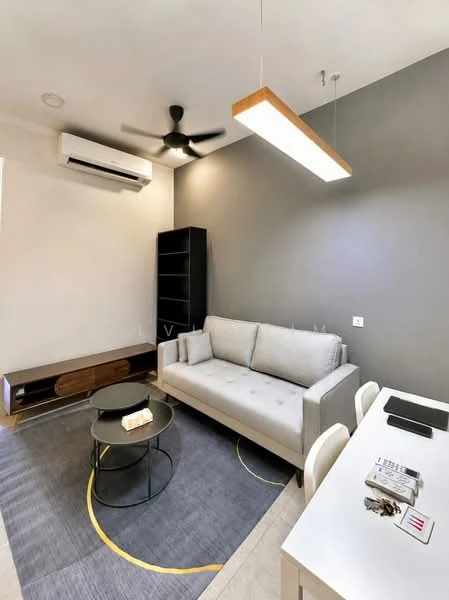 Living features: 3-seater fabric sofa in light grey, round coffee table with black metal base, area rug with geometric pattern, wall-mounted TV console, open shelving unit, ceiling fan, recessed LED downlights, pendant light fixture, cream painted walls, tile flooring; style: modern.
