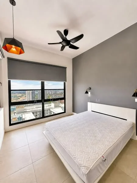 Bedroom features: queen-size bed, grey accent wall, white walls, floor-to-ceiling windows, city view, black ceiling fan, pendant light, tile flooring, wall-mounted bedside lamps, roller blinds; style: modern; view: city.