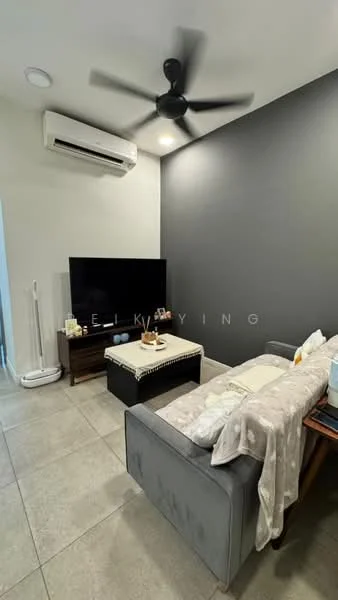Living features: grey accent wall, light grey sofa, coffee table, wall-mounted TV, TV console, 5-blade ceiling fan, wall-mounted air conditioning unit, tile flooring, decorative items on coffee table; style: modern.