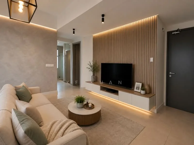 Living features: 3-seater fabric sofa in beige, round coffee table with wooden base, wall-mounted TV, TV console with storage, feature wall with wood paneling, recessed LED downlights, decorative wall sconce, neutral painted walls, light-colored tiled flooring, indoor plants in decorative pots; style: modern.