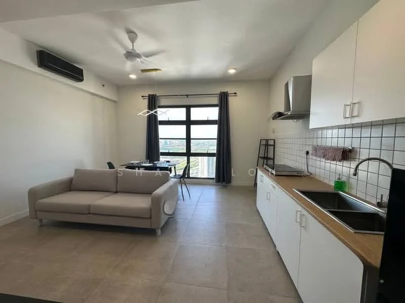 Living features: 3-seater fabric sofa in light grey, floor-to-ceiling windows, grey curtains, white painted walls, tile flooring, ceiling fan with light, dining table for 4, black dining chairs, kitchen cabinetry with wood countertop, stainless-steel sink, chrome pull-down faucet, built-in oven, stainless-steel range hood; style: modern; view: city.