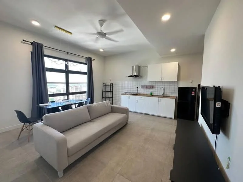 Living features: 3-seater fabric sofa in light grey, wall-mounted TV, TV console, ceiling fan with light, large window with city view, light-colored tile flooring, recessed downlights, decorative wall shelf, open-plan layout with kitchen, dining area with table and chairs; style: modern; view: city. Kitchen features: white cabinetry, stainless-steel sink, chrome pull-down faucet, built-in oven, stainless-steel range hood, ceramic tile backsplash, countertop with wood finish, refrigerator, open shelving, kitchen island with seating; style: modern. Dining features: round dining table, 4 upholstered dining chairs, large window with city view; style: modern; view: city.
