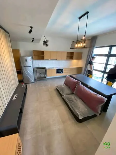 Kitchen features: light wood cabinetry, white tiled backsplash, grey countertop, stainless-steel fridge, built-in oven, 4-burner gas hob, pendant lighting, open shelving, dining table with black surface, 2 yellow bar stools, grey tile flooring, floor-to-ceiling windows, sofa with pink cushions; style: modern; view: city.