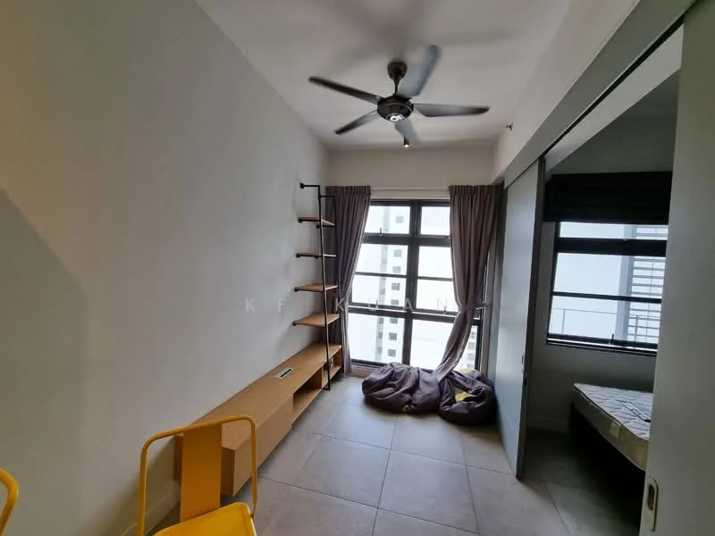 Bedroom features: grey tiled flooring, white painted walls, 5-blade ceiling fan with light, floor-to-ceiling windows, sheer curtains, built-in shelving unit, wooden bench, bean bag chairs, queen-size bed, decorative throw pillows; style: modern; view: city.