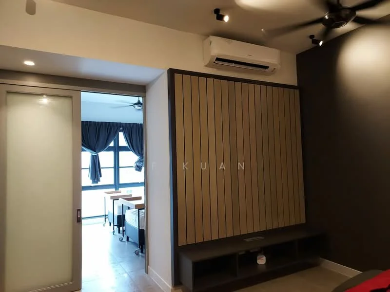 Room features: wall-mounted split AC, 5-blade ceiling fan, grey accent wall, wood panel feature wall, built-in shelving unit, sliding glass door, floor-to-ceiling windows, curtains, tile flooring; style: modern; view: city.