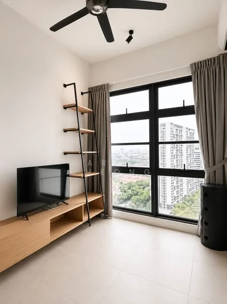 Room features: floor-to-ceiling windows, blackout curtains, light wood TV console, black metal ladder shelf, ceiling fan, neutral wall colour, light tile flooring, city view; style: modern; view: city.